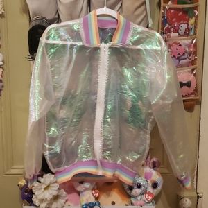 Iridescent rainbow cuff jacket